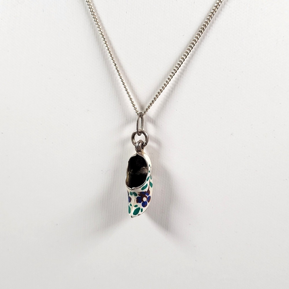 Sterling Silver Dutch Clog Shoe Enamel Pendant Necklace White Purple Floral